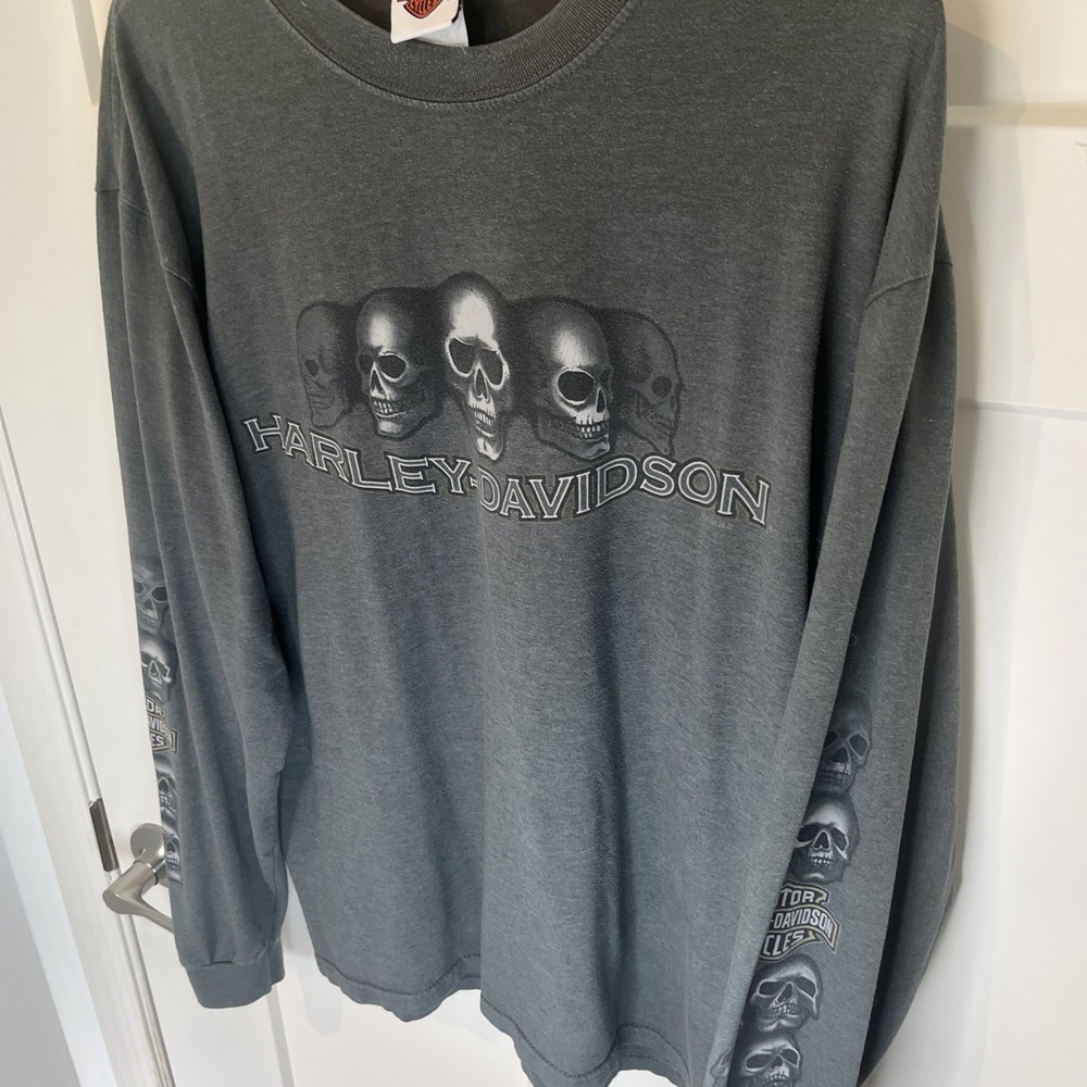 Vintage Y2K 2008 Harley Davidson Skull Old Fort Arkansas Gray Long Sleeve - Sz L